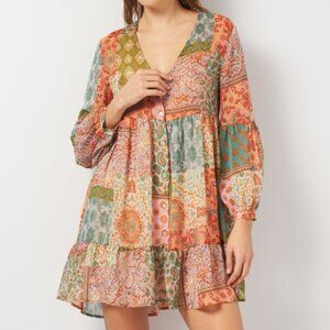Zara Mult-Colored Patchwork Tiered Bohemian Dress L